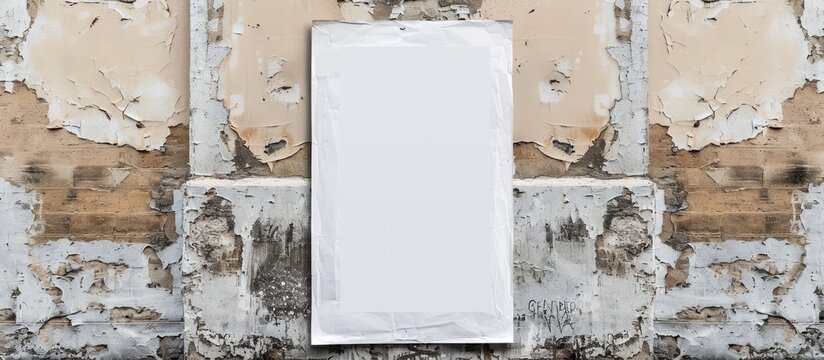 White poster template with creases, paper mockup attached with glue. Wheatpaste on textured wall without content. Street art sticker mockup with no design.