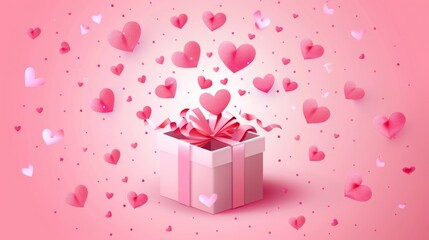 Fototapeta premium Valentines hearts with gift box postcard. Paper flying elements on pink background.