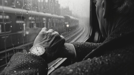 person traveling in the subway with watch black and white