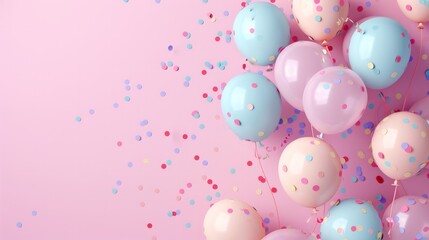 Fototapeta na wymiar Pastel balloons on pink background. rendering, Birthday party background, Copy space.