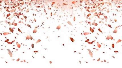 Rose gold falling particles on white background.