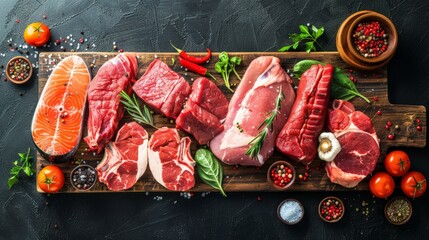 Selection of assorted raw meat food with seasonings