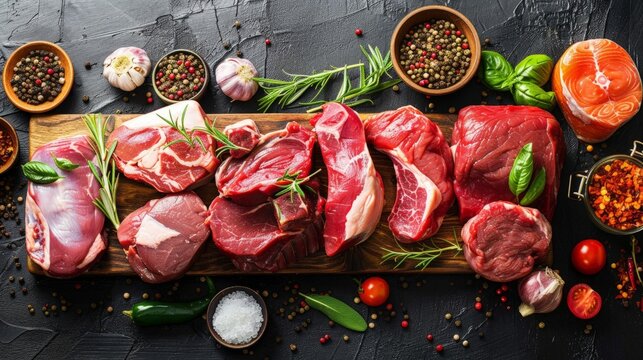 Selection of assorted raw meat food with seasonings