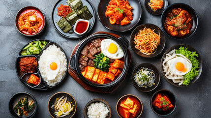 Assortment of Korean traditional dishes. Asian food. Top view. Generative Ai