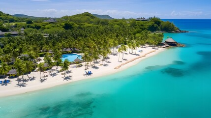 Aerial view of beautiful tropical island with white sand beach and turquoise sea