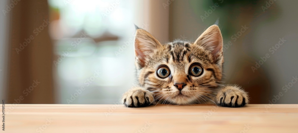 Poster curious tabby kitten peeking over wooden background, creating a playful scene with space for text.