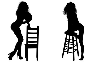 mujeres, ilustracion, vector, silueta, modelos, fashion, modelos, moda, pose, sexy, sensual, banco, silla - obrazy, fototapety, plakaty