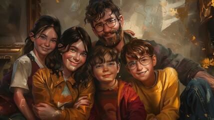 A family portrait featuring a couple with their adopted children, all dressed in casual clothes, leaning on each other comfortably for the picture. - 770172802