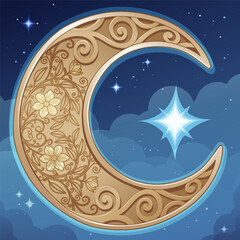 A beautiful gold moon in an engraved floral design and lodestar. Composition in a mystical galaxy sky. Vector illustration.