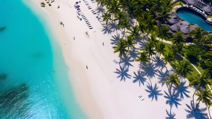Tropical beach with palm trees and white sand. Aerial view.