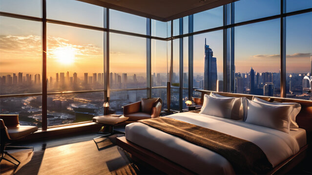 Five-star hotel room with a view of the city during the day with sunlight