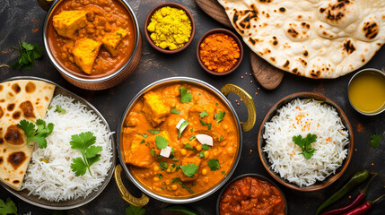Assorted indian food for lunch or dinner, rice, lentils. Generative Ai - obrazy, fototapety, plakaty