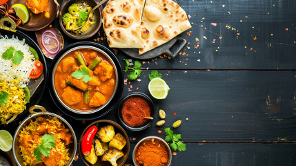 Assorted indian food on dark wooden background. Generative Ai