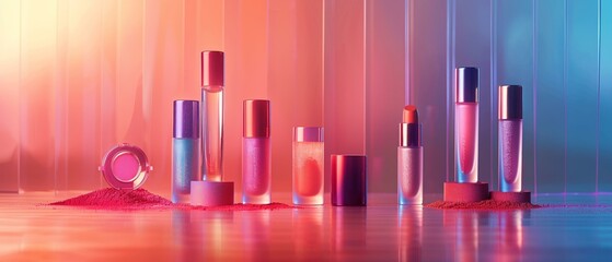 A cosmetics line ad where each product is set against a gradient that matches the makeup shade