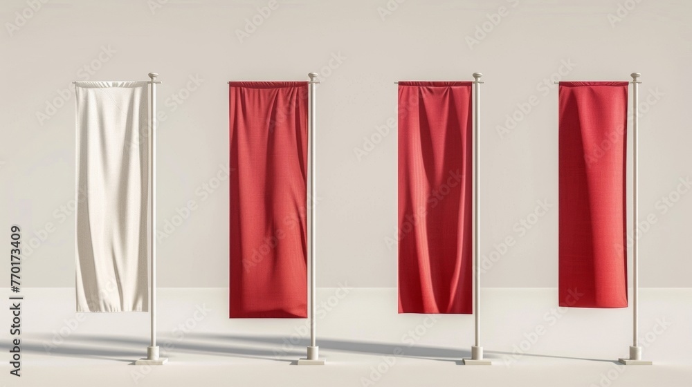 Poster blank mockup of a set of flag banners in various sizes giving you options for adding dimension and v