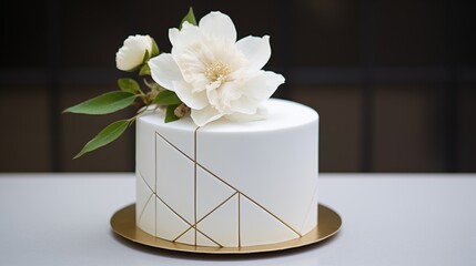 Minimalist Cake with Clean Lines, Single Buttercream Flower, and Gold Geometric Topper.