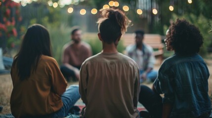 A group of friends or colleagues sit together in a circle backs facing the camera as they engage in a shared moment of silent . . - obrazy, fototapety, plakaty