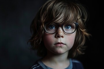 Portrait of a cute little boy with glasses on a dark background
