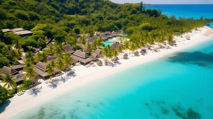 Aerial view of beautiful tropical island with white sand, turquoise ocean and blue sky