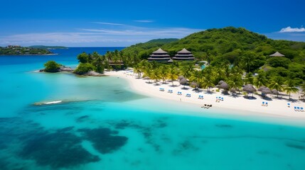 Aerial view of beautiful tropical island with white sand, turquoise ocean and blue sky