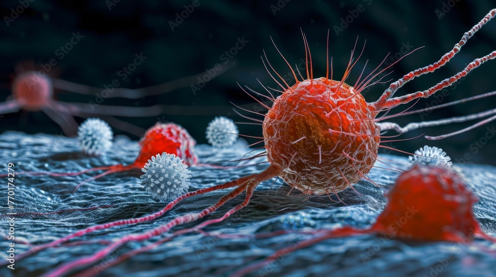 Poster a closeup of a white cell using its sharp arms to attack a red cell while other white cells stand by