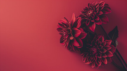 bunch of dark red dahlias flowers on side of pastel red colored background with copy space