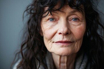 Portrait of a senior woman with long dark hair, close up