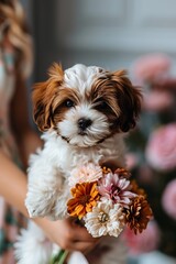 Happy women s day   adorable puppy holding flowers on delicate postcard for celebrating women s day