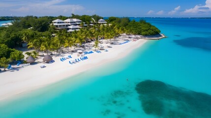 Aerial view of beautiful tropical island with white sand, turquoise ocean and blue sky.