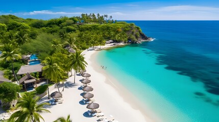Aerial view of beautiful tropical beach with white sand, turquoise water and coconut palm trees.