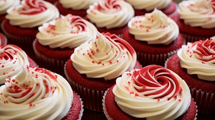 Red velvet cupcakes decorated with cream cheese frosting swirls.