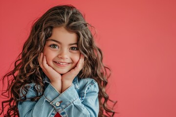 smiling little girl in denim jacket looking at camera isolated on pink