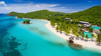 Aerial panoramic view of tropical beach with white sand, turquoise ocean and blue sky.