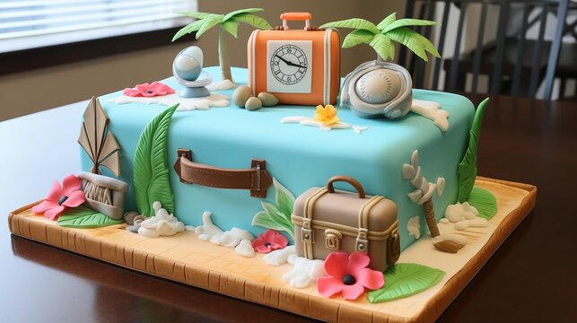 Retirement Cake with Clock Fondant Design, Suitcase Decorations, and Tropical Theme.