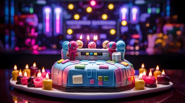 Retro arcade birthday cake with edible arcade games, joysticks, and candles shaped like game controllers, set against a backdrop of flashing lights and pixelated landscapes.