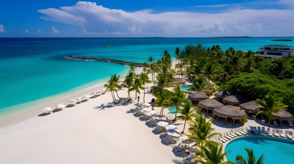 Beautiful panoramic view of tropical beach with white sand and turquoise water