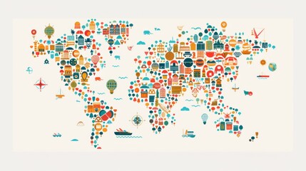 An artistic world map composed entirely of colorful environmental and sustainability icons, representing global eco-friendly initiatives and awareness. - obrazy, fototapety, plakaty