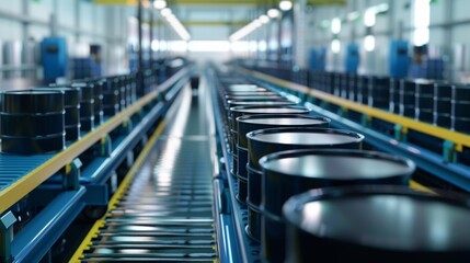 Large barrels of chemical solvent lined up in an assembly line used for the cleaning process in the production of solar panels. . . - obrazy, fototapety, plakaty
