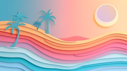 Fototapeta na wymiar Paper Art Style Tropical Sunset