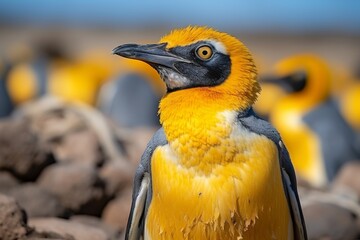 Close-up photo of a king penguin with yellow feathers, black beak, and golden eye. Captures the regal elegance of this majestic bird in its natural habitat.