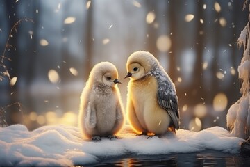 Two fluffy baby penguins, with sleek white feathers, stand in the snowy Antarctic landscape, gazing affectionately at each other under the bright sun.