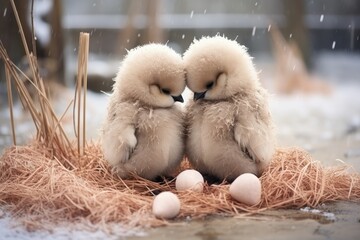 Two adorable fluffy yellow chicks standing close together on a bed of straw, with a small cluster of speckled eggs nearby in a cozy and warm setting.