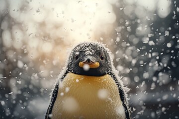 A curious penguin stands out in the falling snow. Its feathers are covered in snowflakes, and its eyes are bright and alert. The background is a blur of falling snow.