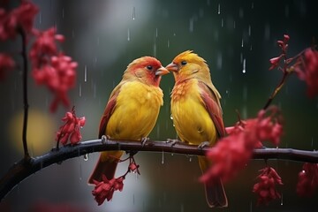 Two colorful lovebirds perched on a blooming tree branch, surrounded by lush greenery in a vibrant garden setting, gazing lovingly into each others eyes.