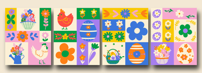 Happy Easter. Patterns. Modern naive geometric abstract style. Easter eggs, rabbit. Perfect for a poster, cover, or postcard. A set of vector Easter illustrations.