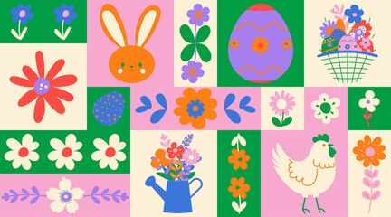 Happy Easter. Patterns. Modern naive geometric abstract style. Easter eggs, rabbit. Perfect for a poster, cover, or postcard.