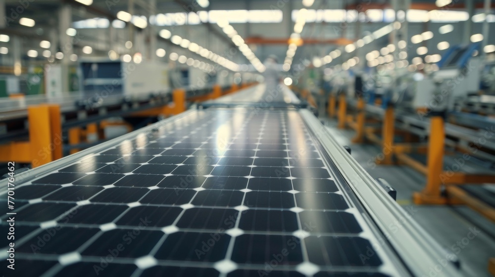 Poster a conveyor belt loaded with newly assembled solar panels slowly moving through a quality control che