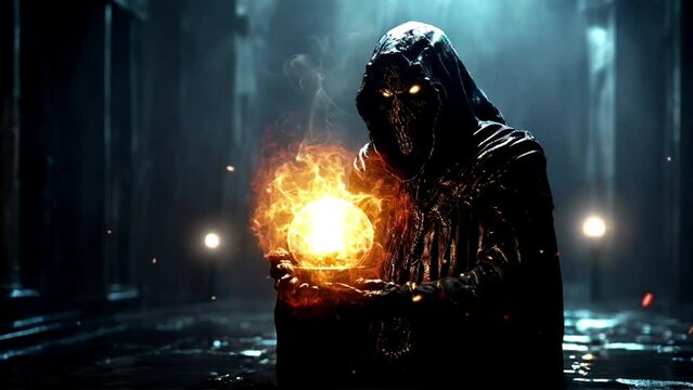 A mysterious dark figure holds a fire crystal ball in hand
