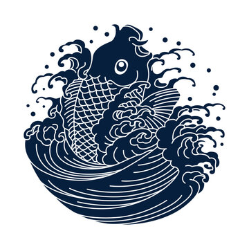 鯉水紋（鯉と波や鯉の滝登りのイメージ）ベクターイラスト