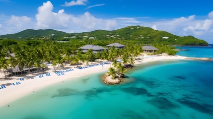 Aerial panoramic view of a beautiful tropical beach with turquoise water